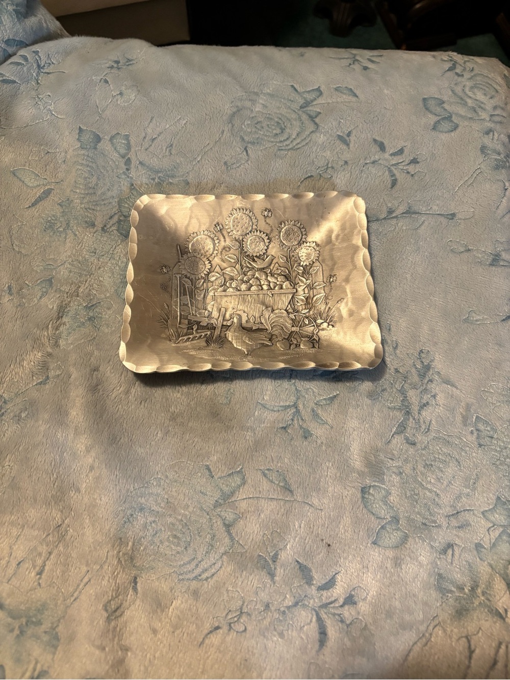 Engraved Decorative Metal Trinket Tray - Floral Scene